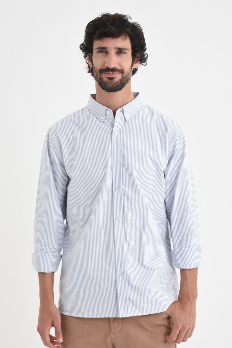 Camisa manga larga oxford - Celeste con rayas blancas 