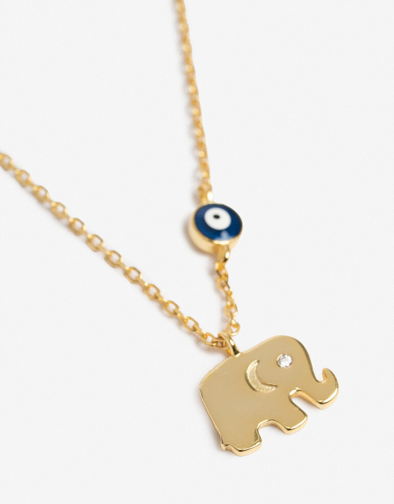 Cadena Corta con Dije Strass Collar Corto Plata 925 Elefante - Dorado