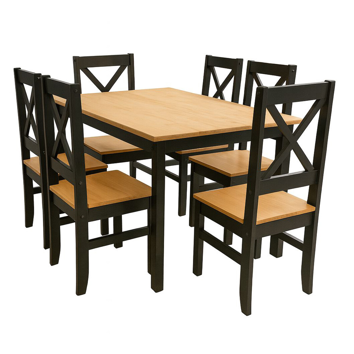 Juego De Comedor 6 Sillas Diseño X Negras Lustre Pu Mesa En Cera 100% Pino 