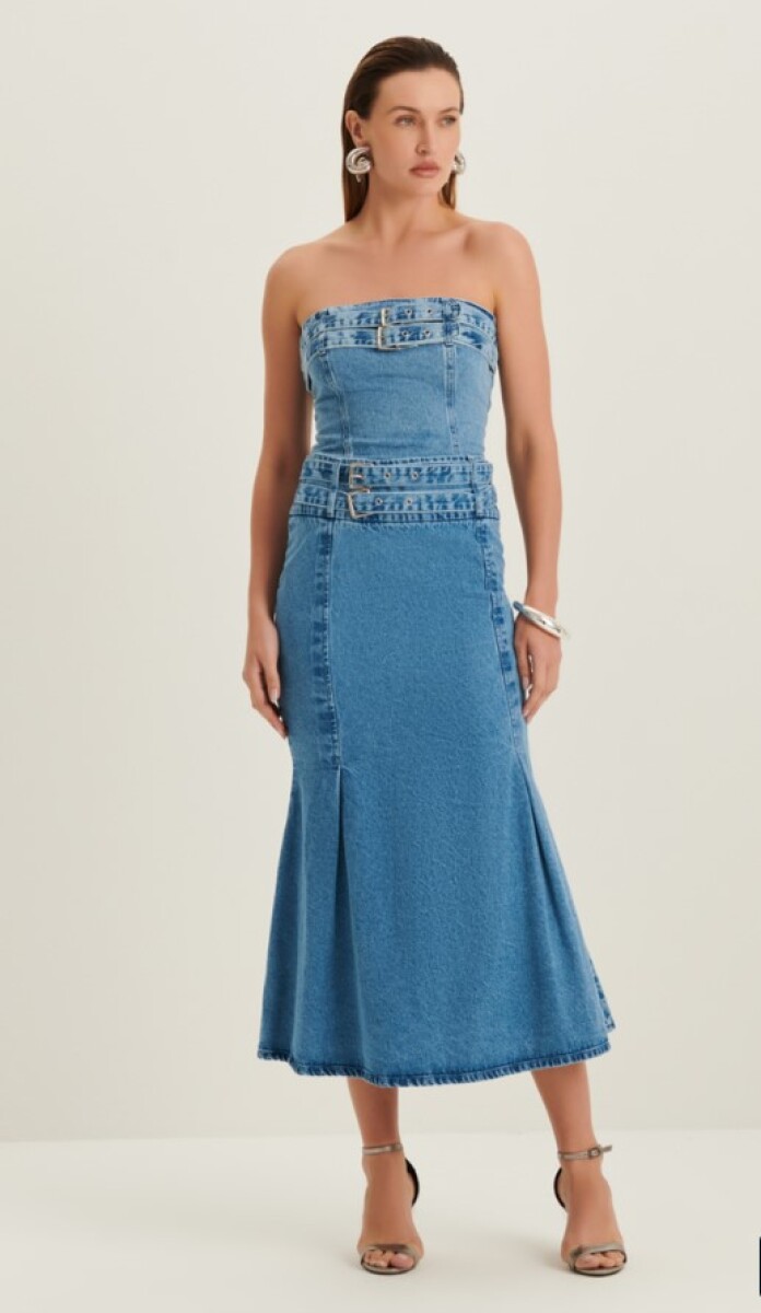 Falda midi con cinto - Azul 