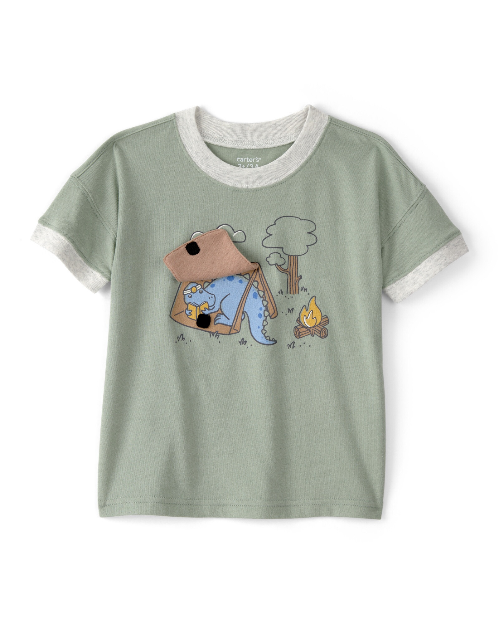 Remera de algodón, manga corta, verde, estampa dino y camping Sin color
