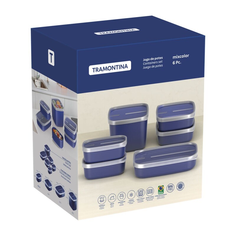Juego de 6 recipientes Tramontina MixColor de polipropileno azul con tapa transparente 25499/114 Juego de 6 recipientes Tramontina MixColor de polipropileno azul con tapa transparente 25499/114