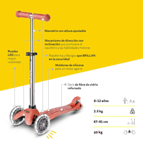 Monopatín Micro Maxi Glow LED Ajustable con 3 Ruedas Rojo