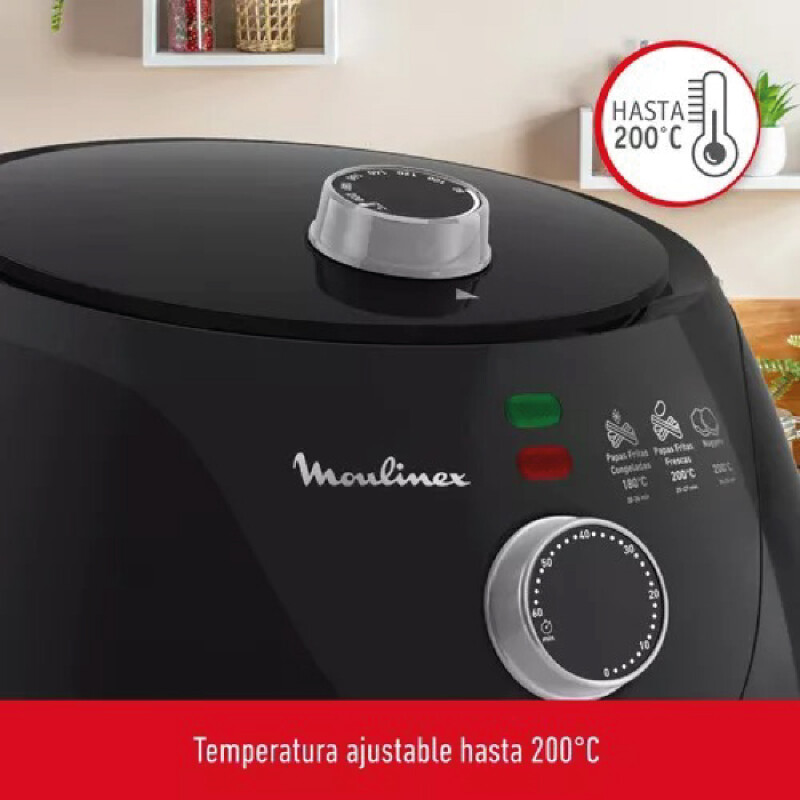 Freidora De Aire Moulinex, Capacidad de 3,2 Lts. Temperatura hasta 200º. Timer de 60 min, color negro Freidora De Aire Moulinex, Capacidad de 3,2 Lts. Temperatura hasta 200º. Timer de 60 min, color negro