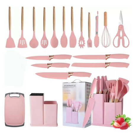 Set Utensilios Cocina 19Pz + Escurridor Ac.Inox Sobre Mesada Rosa