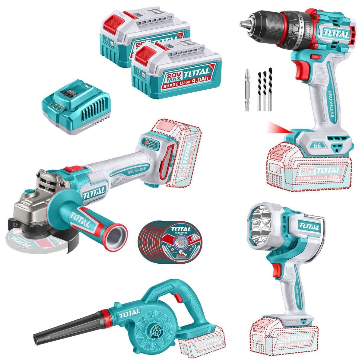 Kit Línea 20v: Percutor 66Nm + Amoladora 4.1/2" + Foco + Soplador, 2 Baterías 4.0Ah 