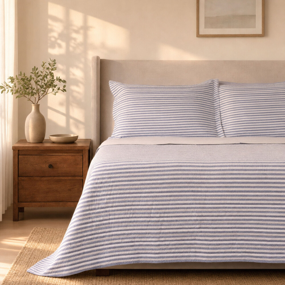 SET CUBRECAMA SUPER KING ALGODON AZUL COTTON STRIPE