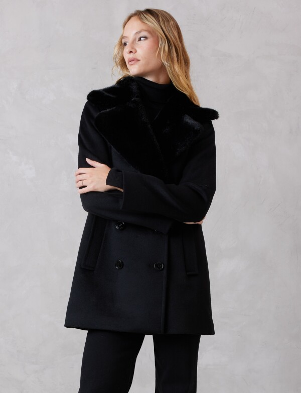 Tapado Lana Con Doble Abotonadura & Cuello De Piel NEGRO