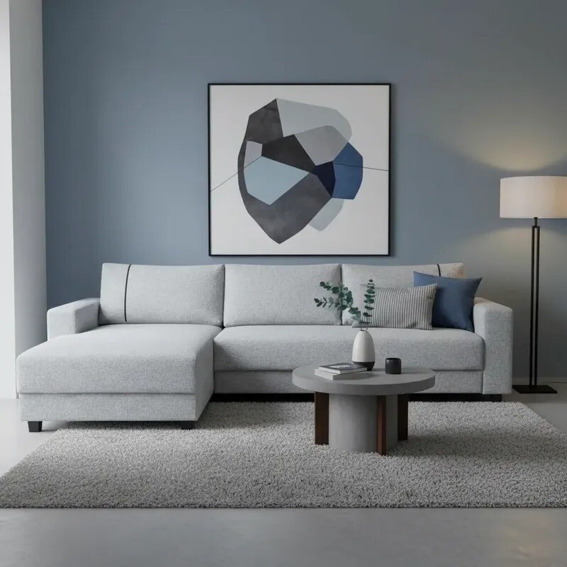 Sofá 3 Cuerpos + Chaise Derecho -Tela gris con puntos negros y crudos Sofá 3 Cuerpos + Chaise Derecho -Tela gris con puntos negros y crudos