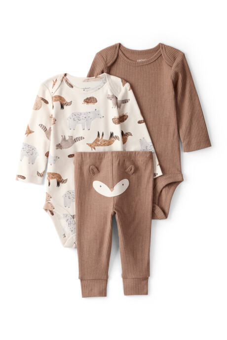 Set tres piezas de algodón, pantalón y dos bodies, diseño zorro Sin color