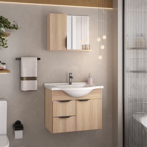 Mueble de baño suspendido Crystal Roble 56 cm Bacha de resina natural y espejo con botiquín Mueble De Baño Suspendido Crystal Roble 56 Cm Bacha De Resina Natural Y Espejo Con Botiquín