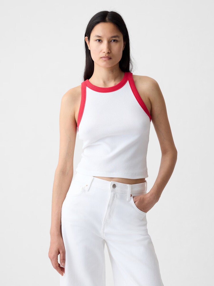 Musculosa Modal Cuello Halter Mujer - White W Red Trim 