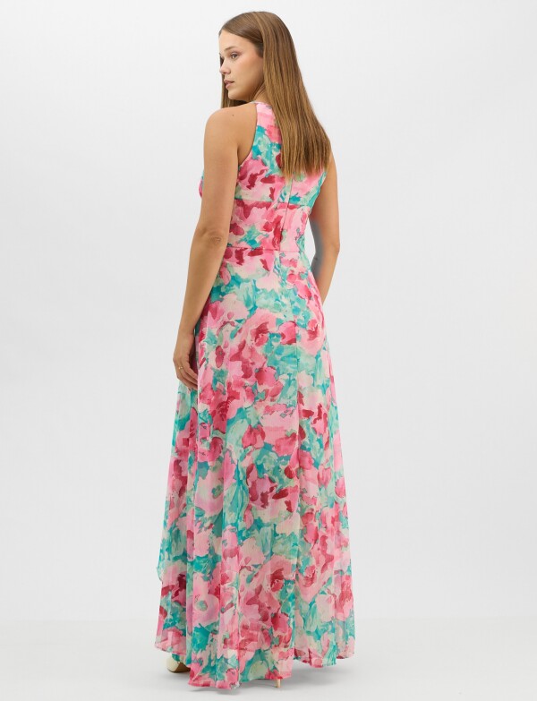 Vestido Largo Estampado Floral Con Cuello Halter MULTI/ROSA
