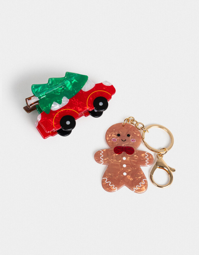 Accesorios Pelo Set Regalables Set De Llavero Y Broche Navidad - Combinacion Tricolor