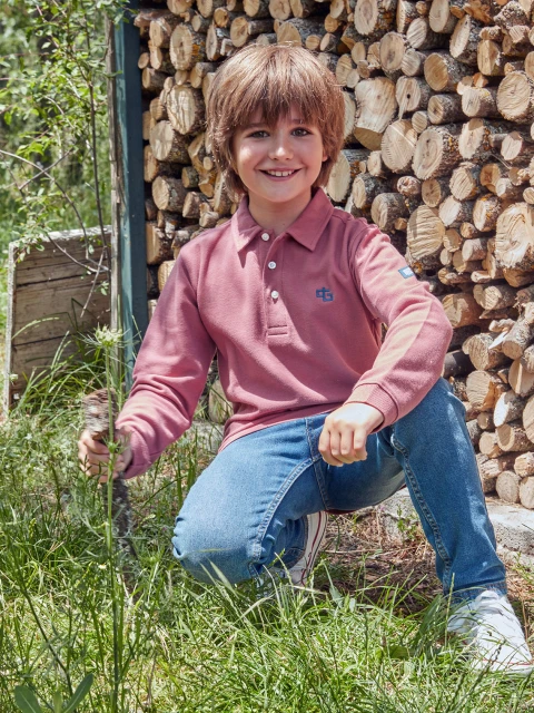 Polo Manga Larga Logo Pique Rosa Oscuro