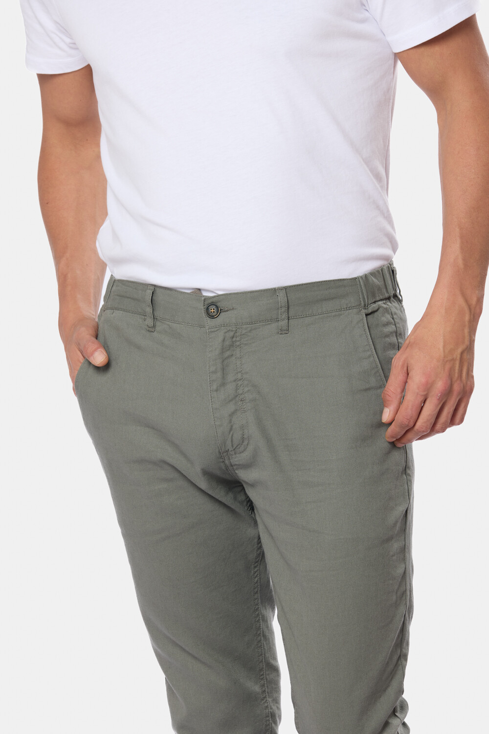 PANTALÓN DE LINO CON CINTURA ELASTIZADA Verde Oscuro