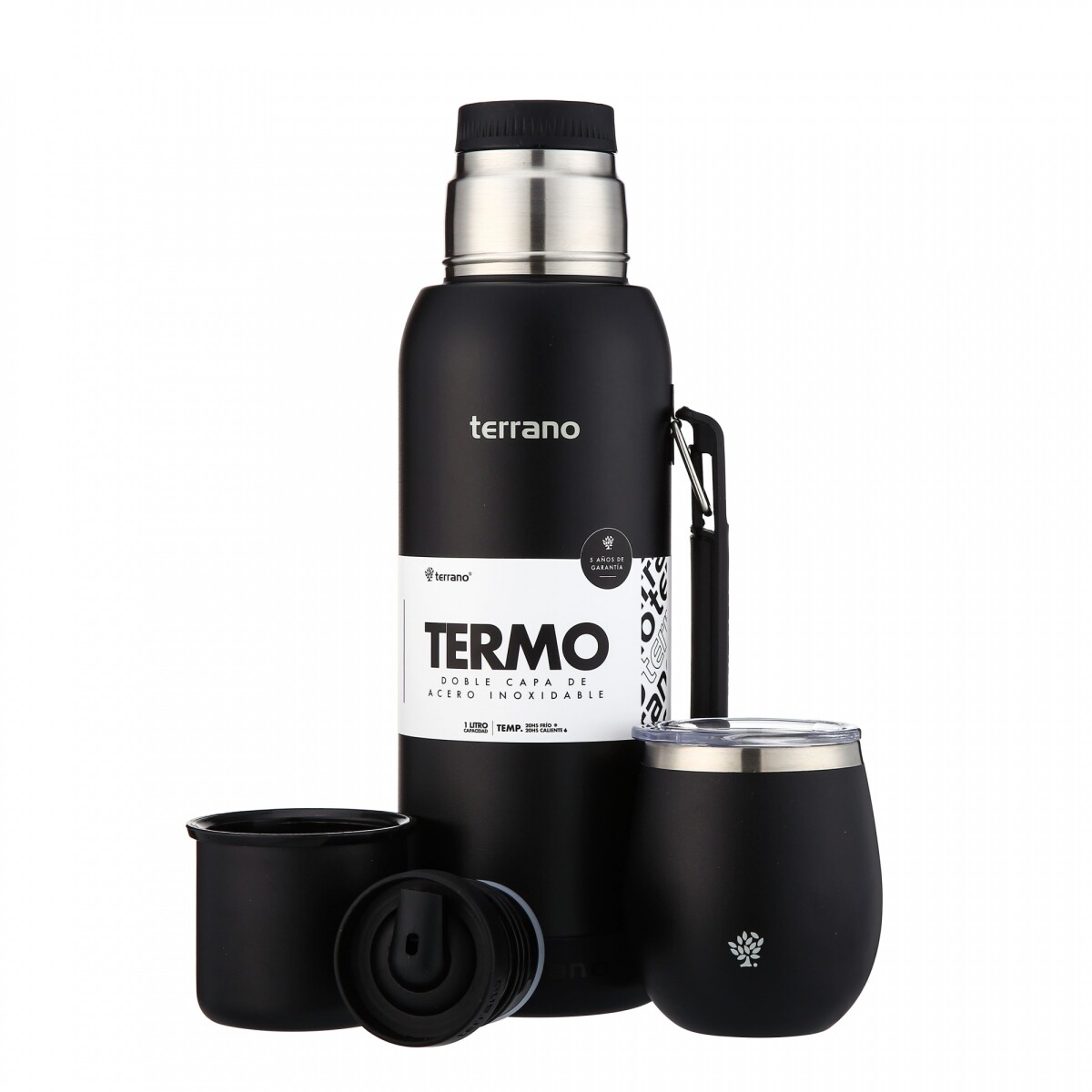 Kit Termo 1LT Con Base De Silicona + Mate De Acero Con Tapa - Negro 
