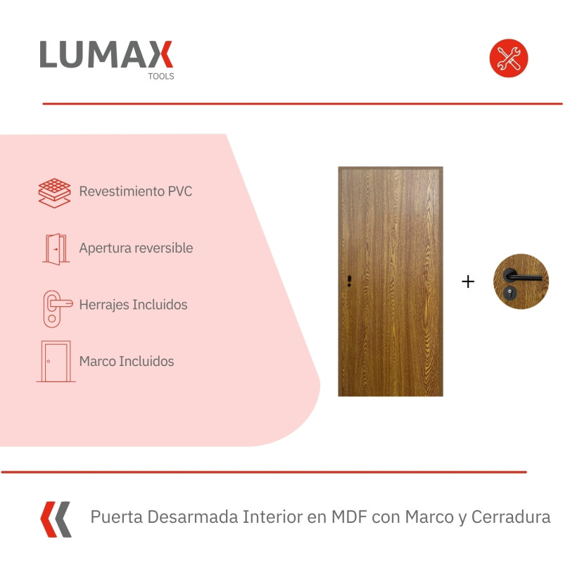Puerta Desarmada Interior en MDF con Marco y Cerradura Lumax Marrón Claro Lisa Herraje Negro