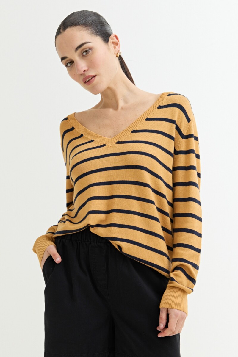 Sweater escote V rayas AZUL MARINO