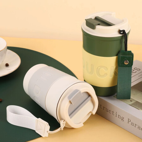 Vaso térmico con tapa y banda de silicona anti derrame 380ml Blanco