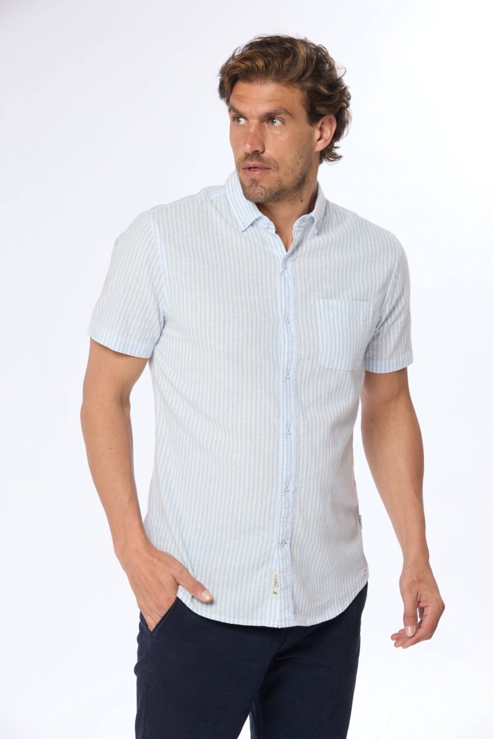 CAMISA DE LINO RAYADA Azul