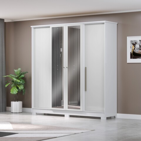 Ropero Armario Mónaco 4 Puertas 2 Cajones 1 Perchero y Estantería Con Espejo - Blanco Ropero Armario Mónaco 4 Puertas 2 Cajones 1 Perchero y Estantería Con Espejo - Blanco