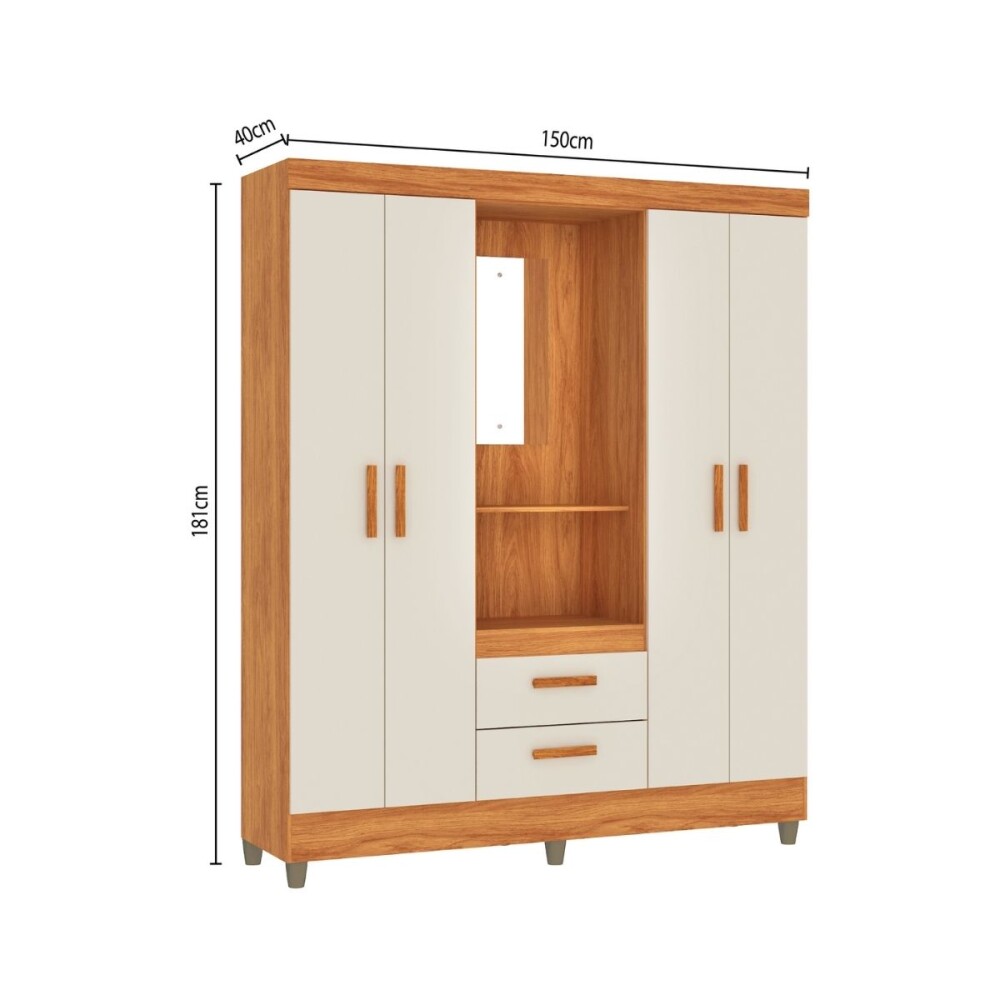 ROPERO - 4 PUERTAS 2 CAJONES CON ESPEJO BLANCO OFF WHITE