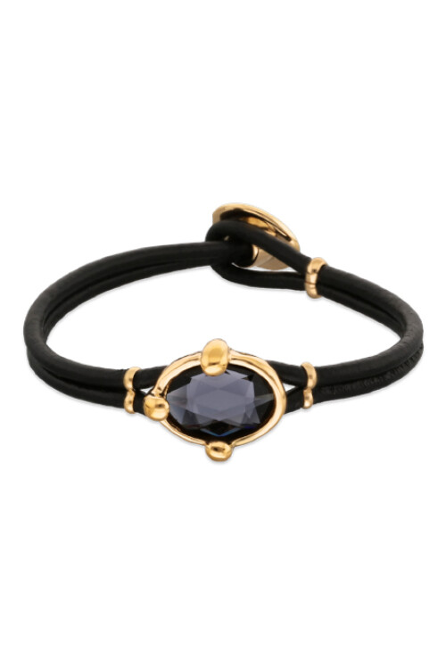 PULSERA DE CUERO EN ORO CON CRISTAL FACETADO GRIS Pulsera