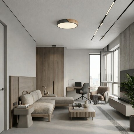 Plafón led circular de madera y aluminio gris mate Luz Cálida