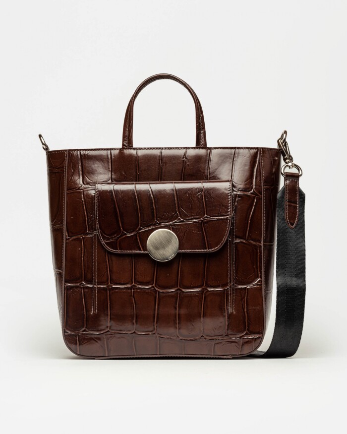 Shopper The Circle en cuero grabado big croco Chocolate Niquel