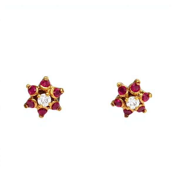 Caravanas Flor de Rubí de oro- Oro bajo - Rubí y zirconia- CA8122 conpiedra