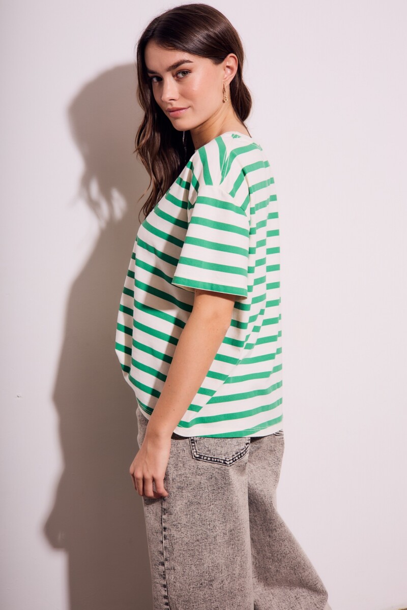 Remera Algodon Lavado Rayada Verde Verde