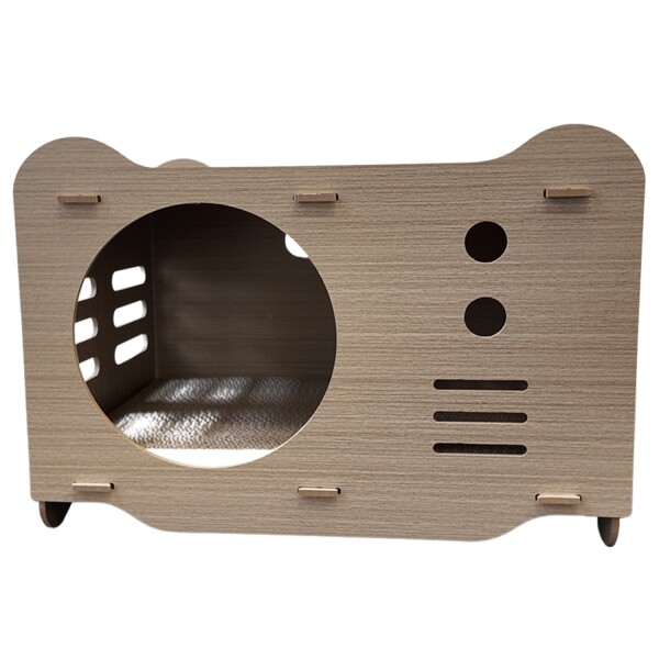 Casa Gatos Cama Cucha Cueva Madera MDF Corrugado Rascador Variante Color Madera Gris