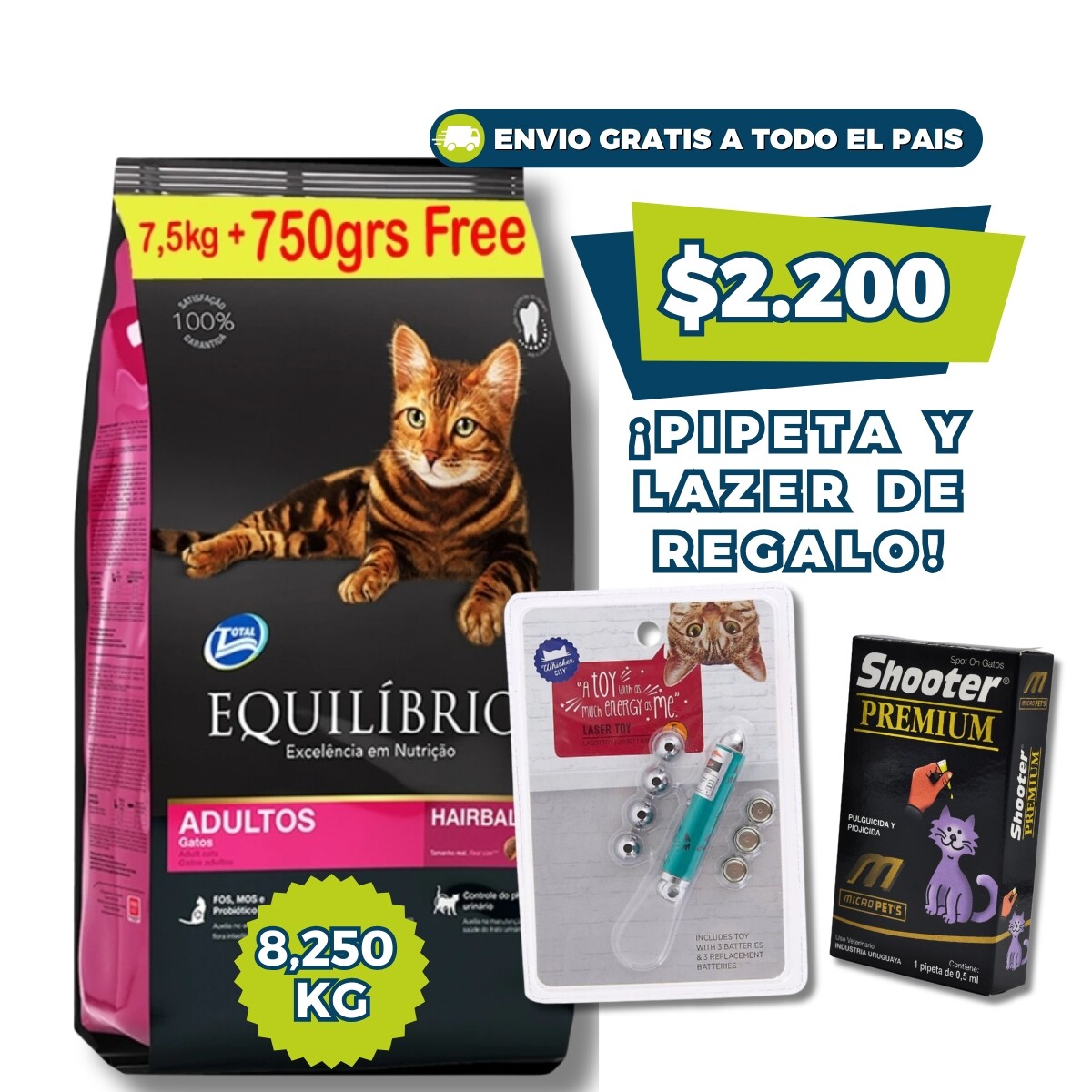 EQUILIBRIO GATOS ADULTOS - 7.5 KG + 750 GRS + PIPETA + LAZER DE REGALO 