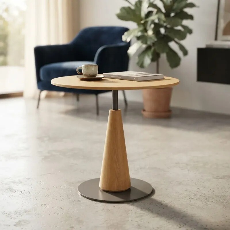 Mesa Lateral redonda madera clara - Base en metal color grafito Mesa Lateral redonda madera clara - Base en metal color grafito