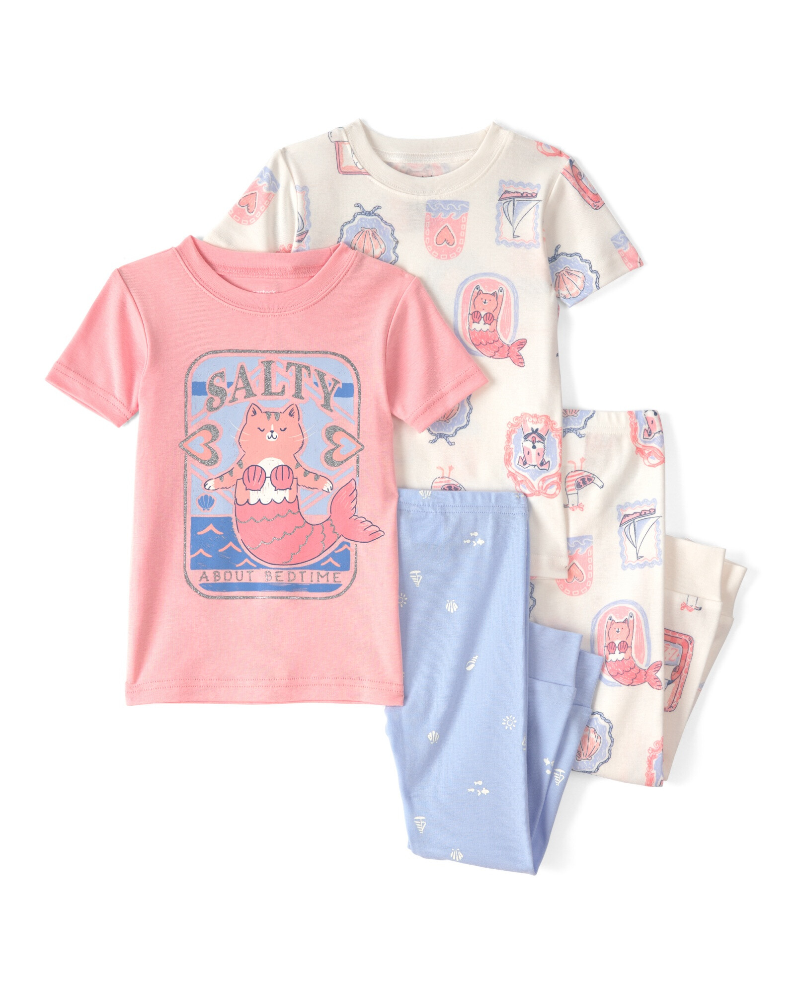 Pijama cuatro piezas de algodón, diseño gatita sirena. Talles 12-24M Pijama cuatro piezas de algodón, diseño gatita sirena. Talles 12-24M