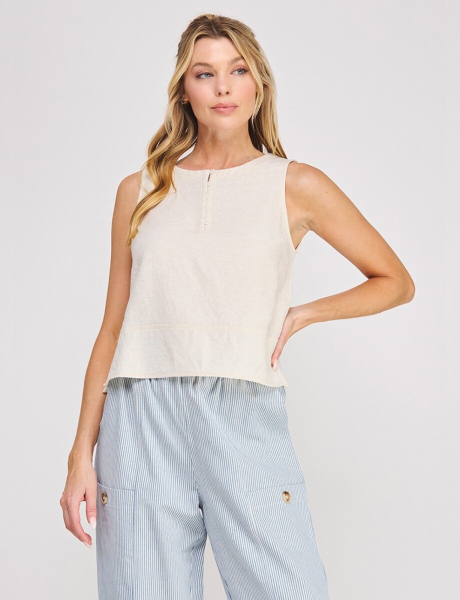 Blusa De Lino Sin Mangas Con Botones - Beige Claro 