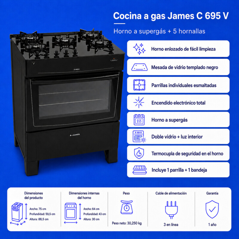 Cocina A Gas James 5 Hornallas Negra Con Mesada De Vidrio Negra C 695 V Cocina A Gas James 5 Hornallas Negra Con Mesada De Vidrio Negra C 695 V