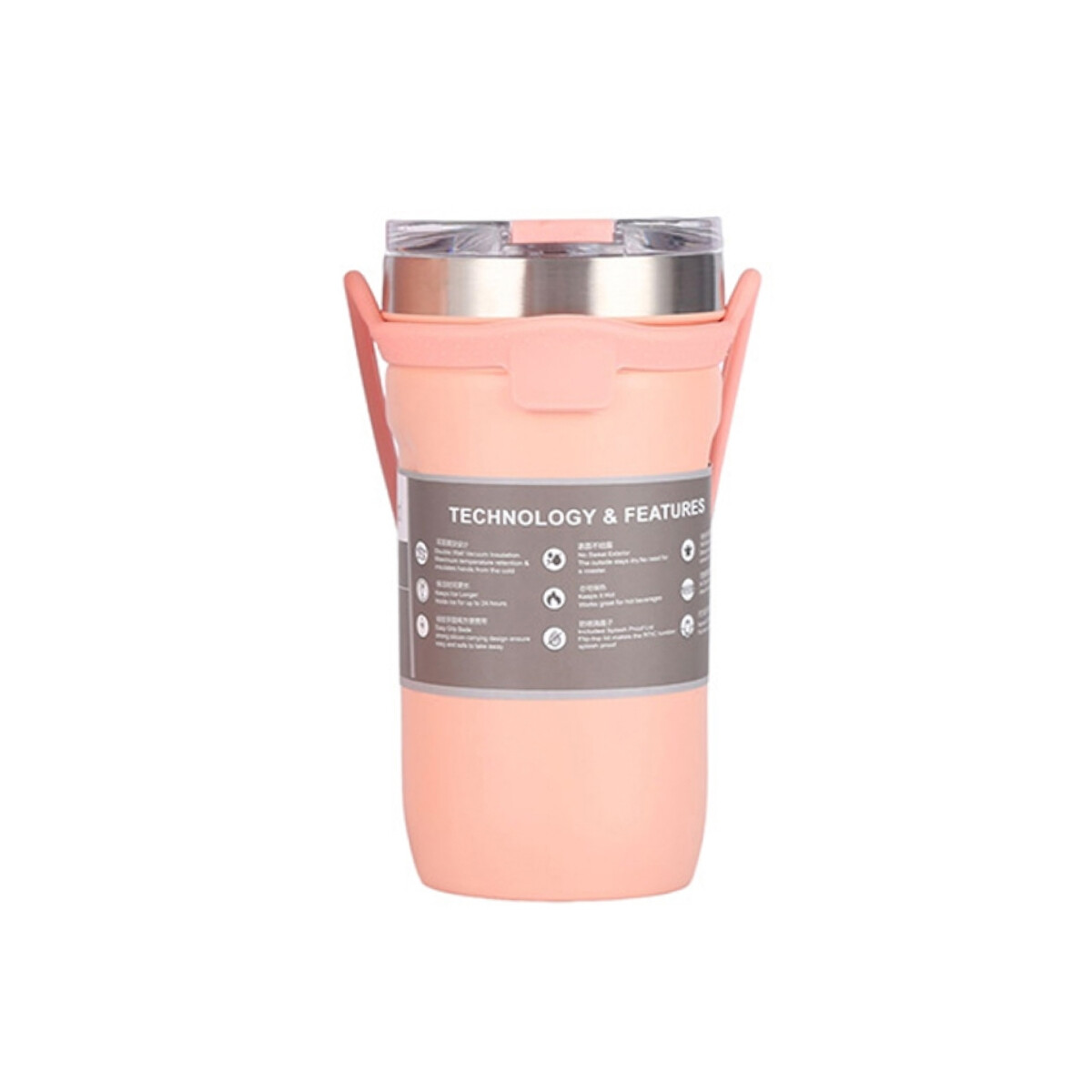 Vaso Térmico De Acero Con Tapa Y Agarre De Silicona - Rosado 