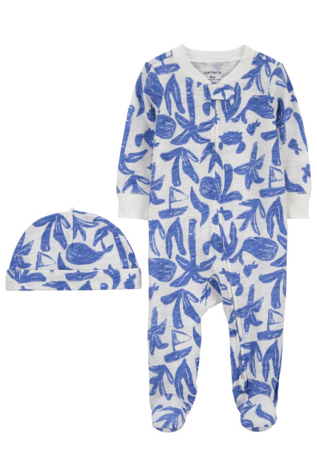 Pijama una pieza de algodón con pie y gorro, diseño ballenas Pijama una pieza de algodón con pie y gorro, diseño ballenas