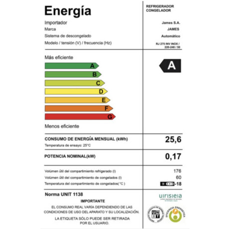Heladera JAMES RJ 275 INV 236 Lt Inox