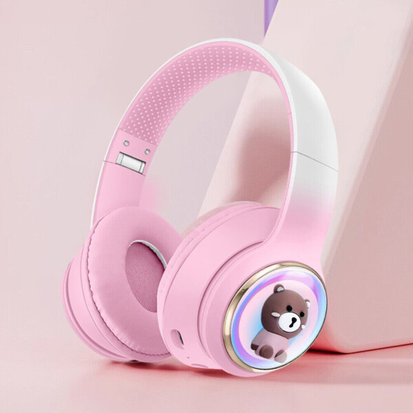 Auriculares Vincha Bluetooth Inalambricos Luces Microfono Variante Diseño Oso Rosa