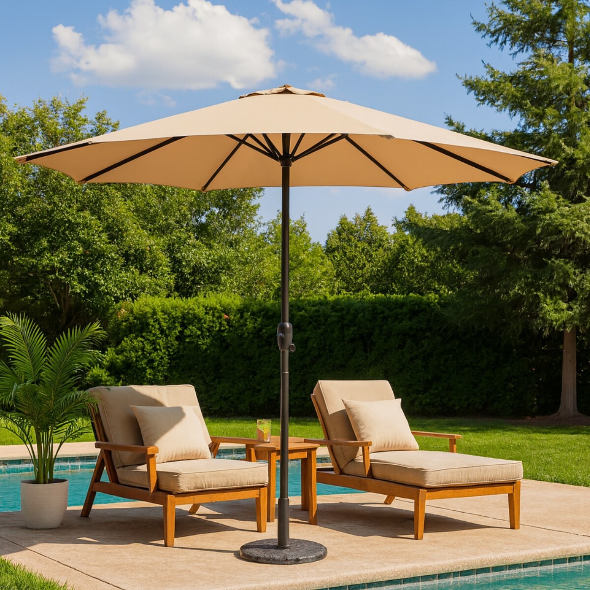 Sombrilla de Patio Impermeable 2.7 m con Protección UV y Base 