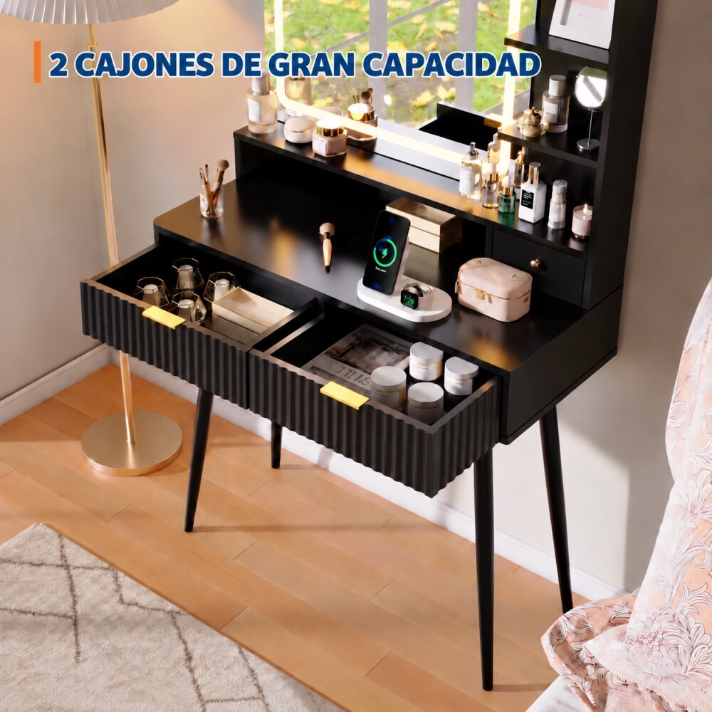TOCADOR MAQUILLAJE MODERNO ESPEJO LUZ LED + ENCHUFE 3 CAJONES REPISAS ORGANIZADORAS PATAS METÁLICAS NEGRO