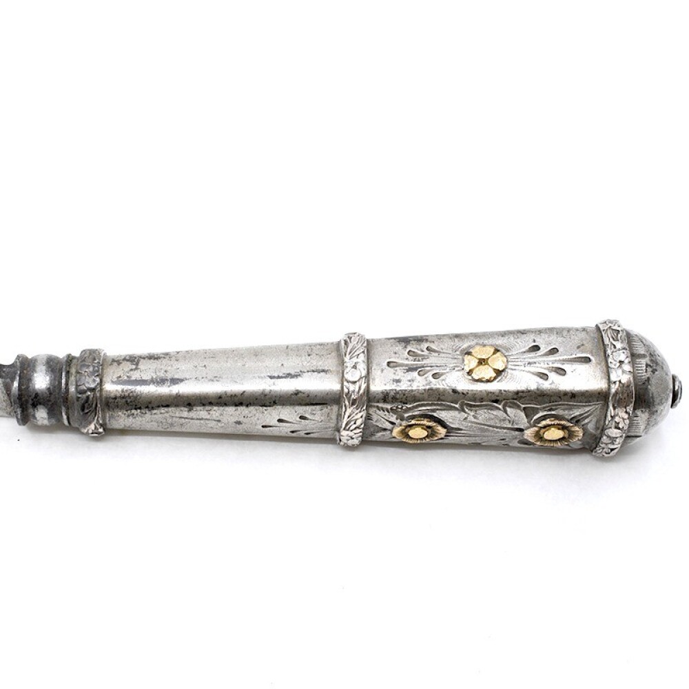 Cuchillo Antiguo Plata Y Oro, Hoja J.M Mailhos " Cazador Al Filo" Acier Fondu, Vaina Cuero Cuchillo Antiguo Plata Y Oro, Hoja J.M Mailhos " Cazador Al Filo" Acier Fondu, Vaina Cuero