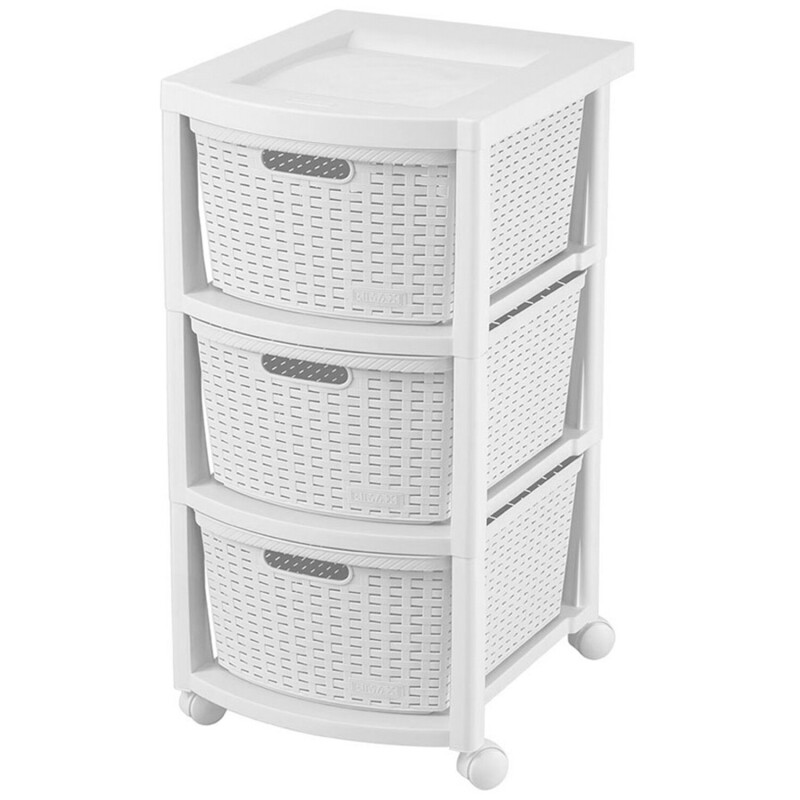 Cajonero Rimax Plastico Rattán 3 cajones, estante y ruedas Blanco