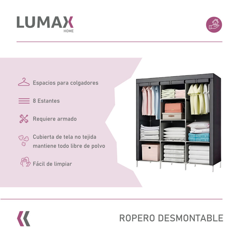 Ropero de 8 Estantes Desmontable de Caño y Tela TNT 175x45x130 Gris
