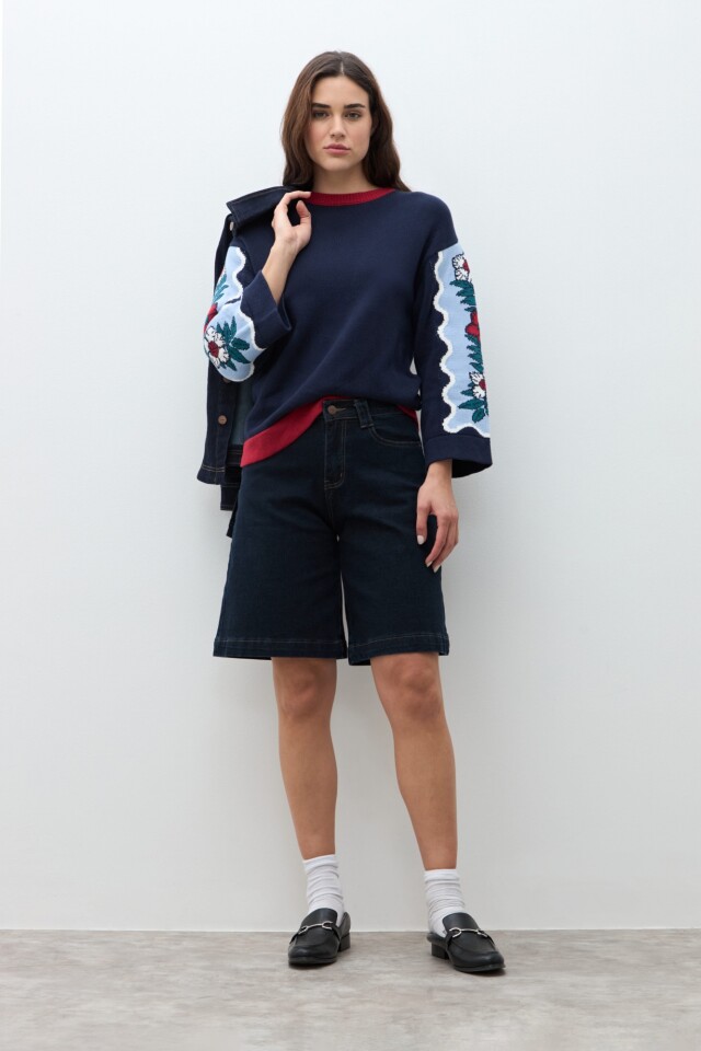 Sweater con jacquard floral nativa azul marino