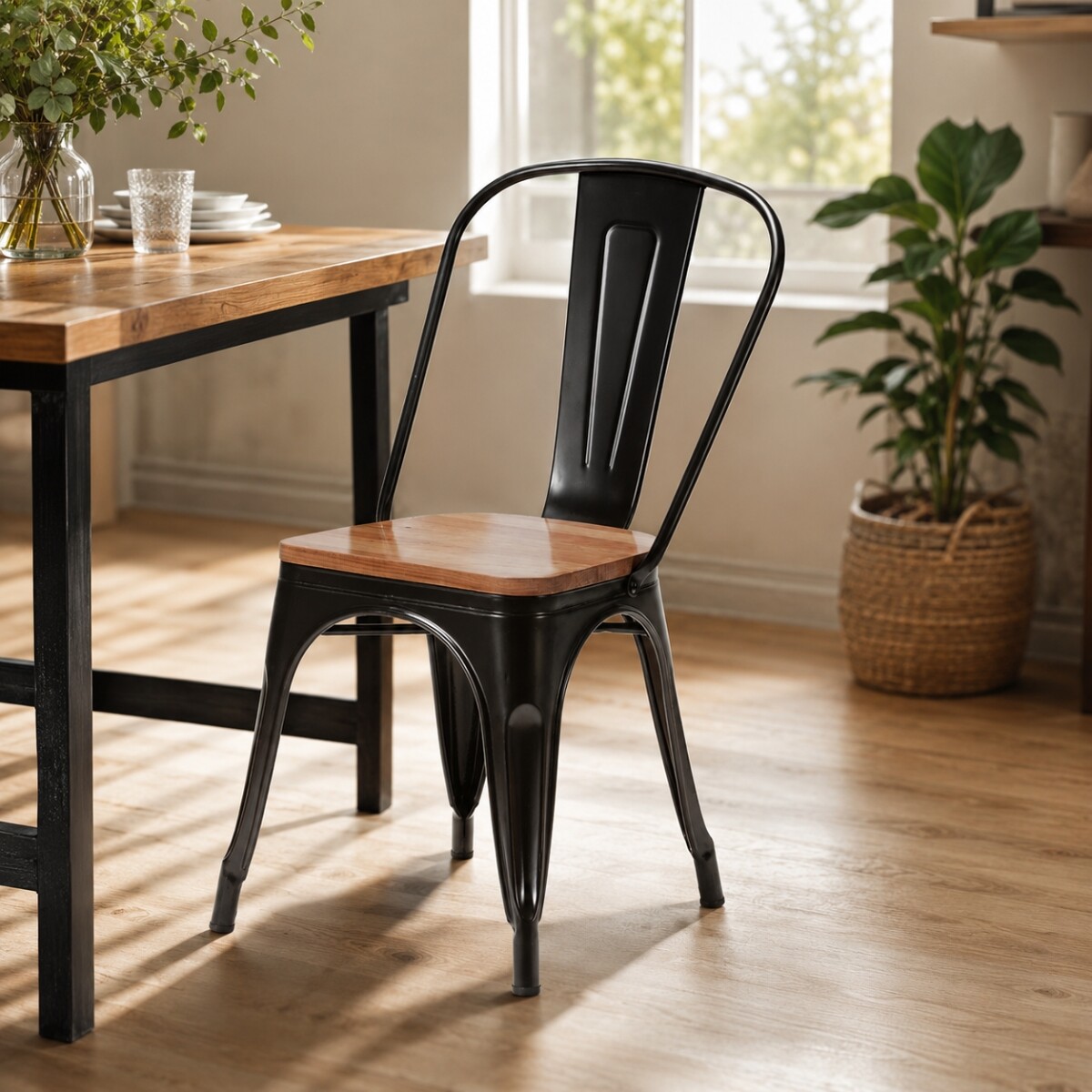 Silla Tolix asiento en madera vintage - NEGRO MATE 