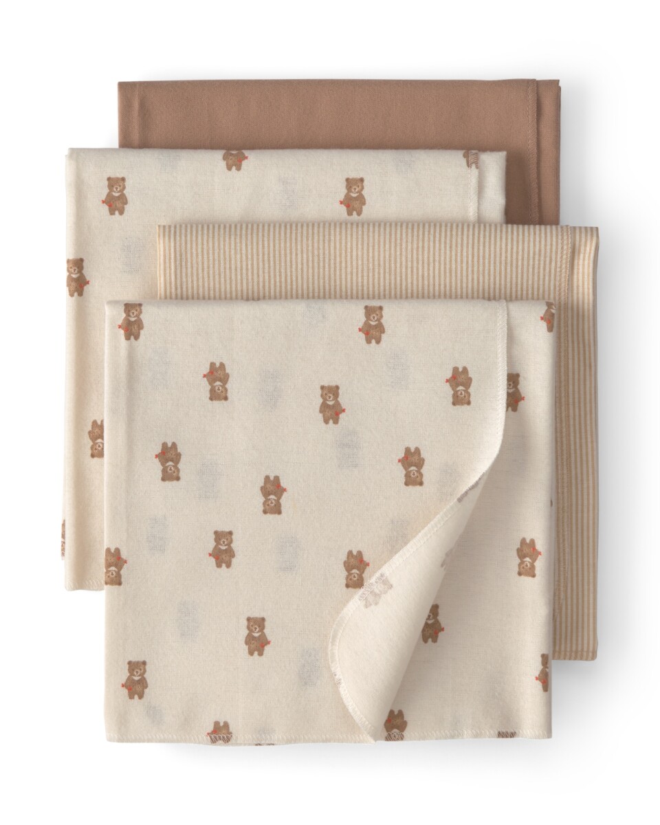 Pack cuatro mantas recibidoras de algodón, beige, diseño oso 